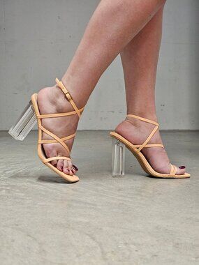 Peach Strappy Heeled Sandals With Clear Block Heel - Womens Trendy Open-Toe Desi